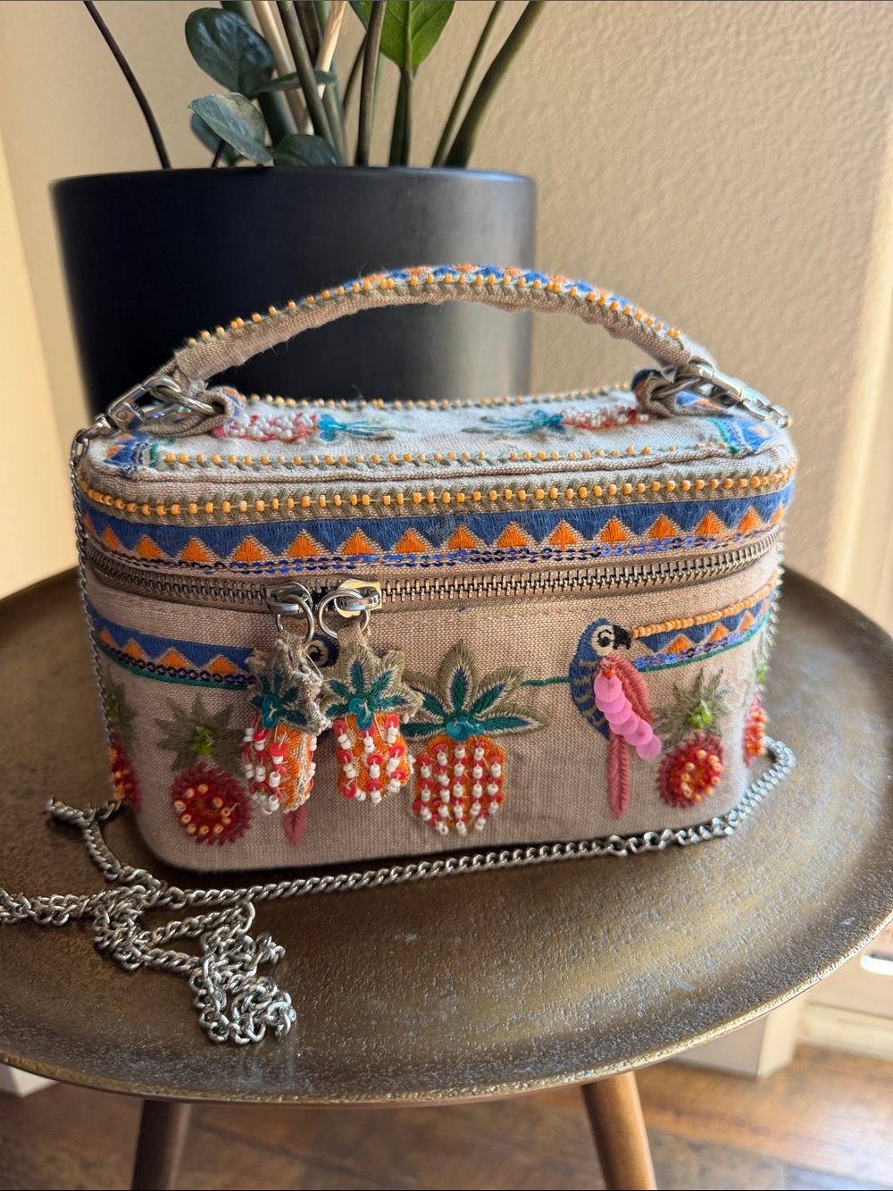 Zara Beaded Rigid Vanity Bag Tropical Parrot & Pineapple
